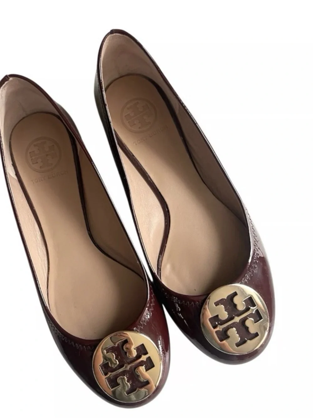 TORY BURCH BURGUNDY PATENT LEATHER LOGO BALLET FLATS SIZE 8.5